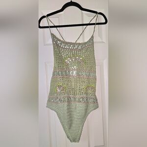 Intimately Free People Crochet Bodysuit Green and Pink NWT & Liner
